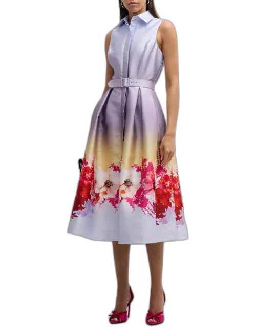 Pleated Ombre Floral-Print Midi Shirtdres