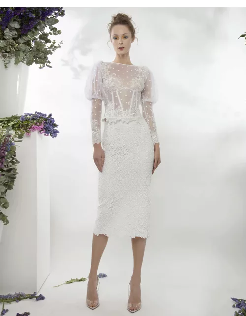 Gemy Maalouf Lace Top With Bishop Sleeves and Fitted Guipure Midi Skirt