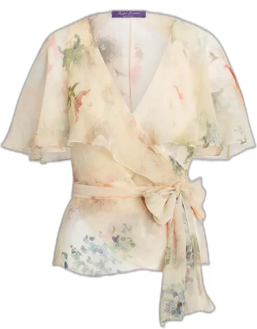 Amilea Floral Watercolor Flutter-Sleeve Silk Wrap Top