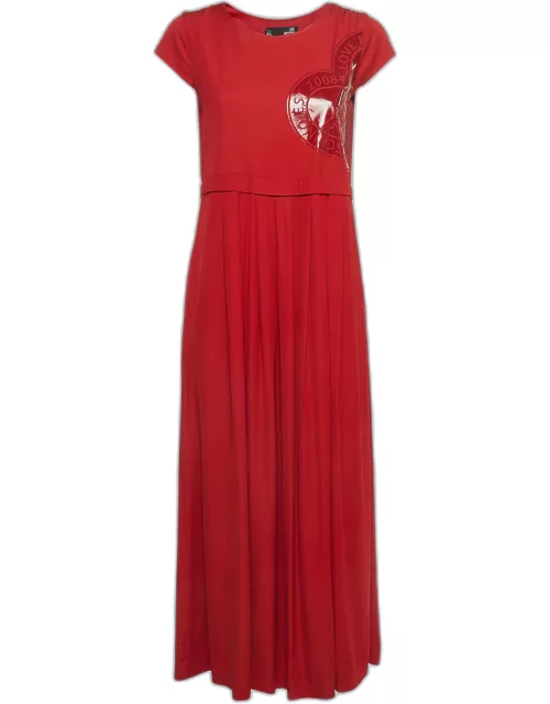Love Moschino Red Crepe Leather Patch Pleated Maxi Dress