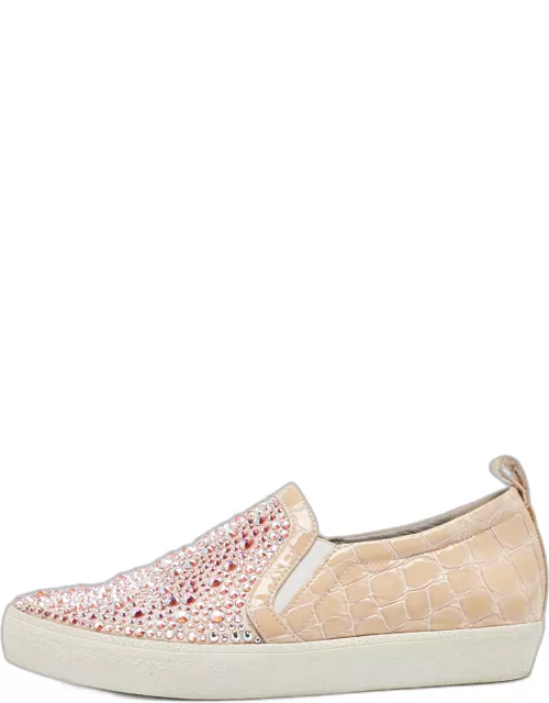 Gina Pink/Beige Crystal Embellished Satin and Croc Embossed Leather Slip On Sneaker