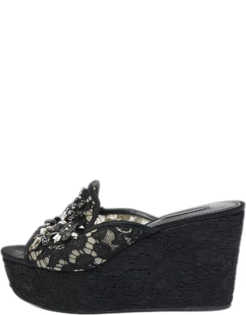 Dolce & Gabbana Black Lace Crystal Embellished Platform Wedge Slide Sandal