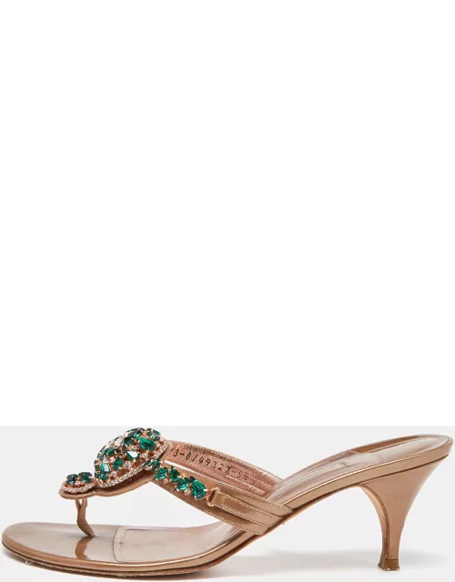 Gina Brown Patent Leather Crystal Embellished Thong Slide Sandal