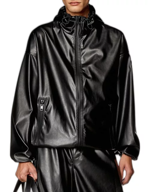 Men's Hooded Faux-Leather Wind Resistant Jacket