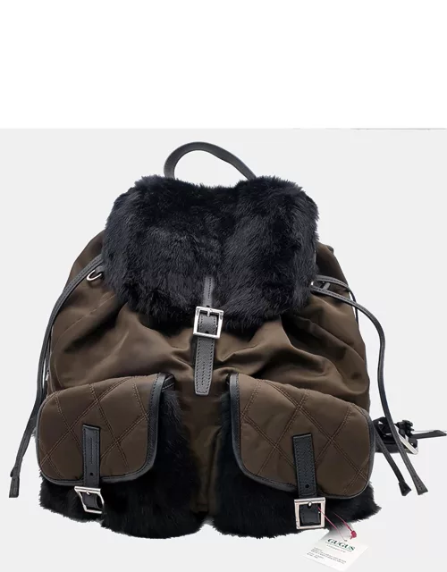 Prada Khaki/Black Rabbit Fur Trim Tesuto Backpack