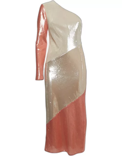 Diane Von Furstenberg Off-White/Orange Sequined One Shoulder Dress