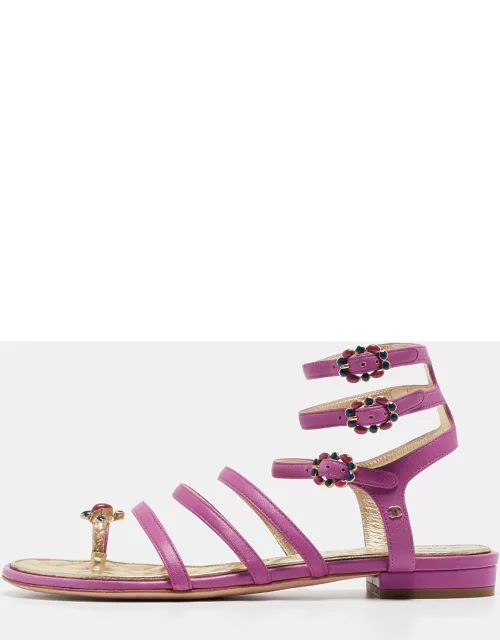Chanel Purple Leather Embellished Toe Ring Ankle Strap Flat Sandal