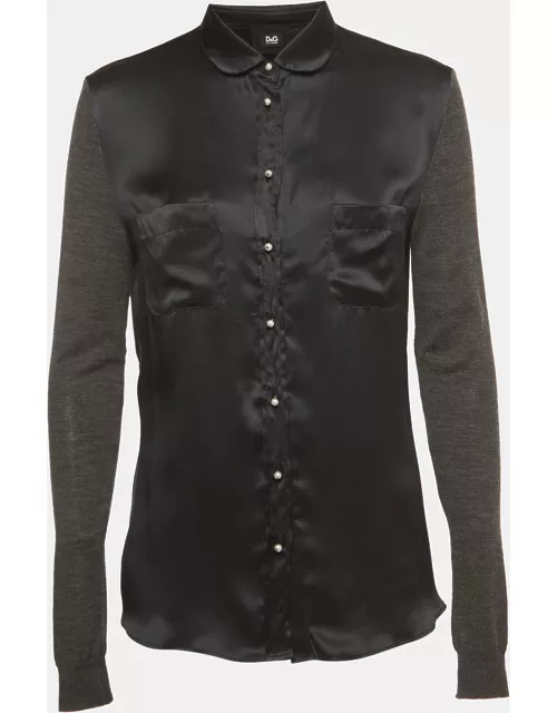 D & G Black Satin Button Front Knit Sleeve Shirt