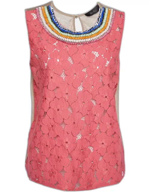Max Mara Pink Floral Lace & Cotton Knit Embellished Detail Sleeveless Top