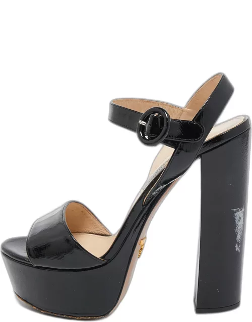 Prada Black Vernice Saffiano Leather Platform Ankle Strap Sandal