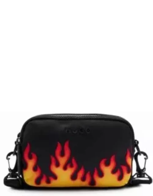 Cross-body bag with flame embroidery- Black Men's Bag