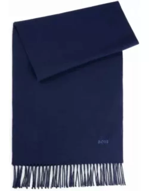 Pure-wool scarf with embroidered logo and fringing- Dark Blue Men's Scarve
