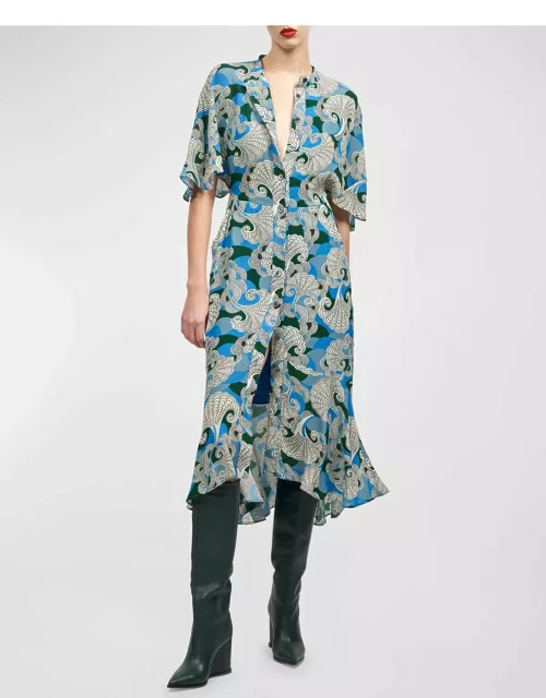 Nicolette Swirl-Print Flutter-Sleeve Midi Dres