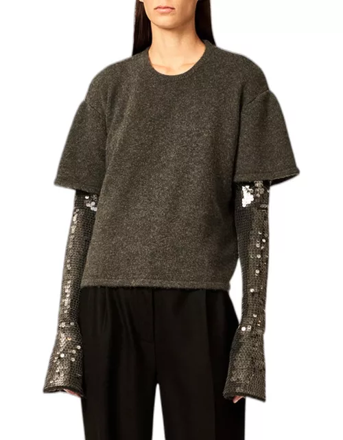 Sequin Embellished Cashmere Knit Double T-Shirt