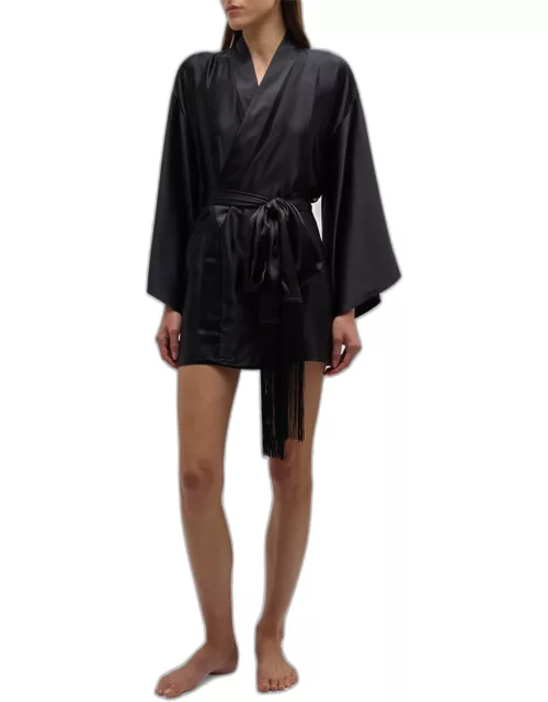 Fringe-Trim Silk Mini Kimono Robe