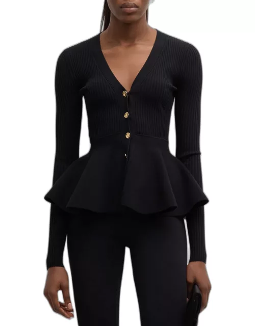 Ribbed Peplum Cardigan with Gold-Tone Button