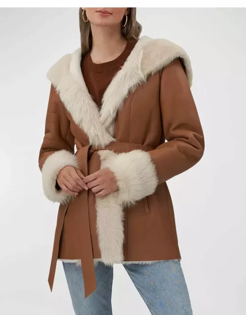 Belted Shearling Lamb Hooded Jacket With Toscana Trim And Cuff