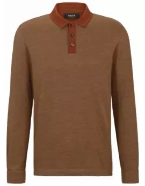 Geometric-pattern polo shirt in cotton and wool- Brown Men's Polo Shirt