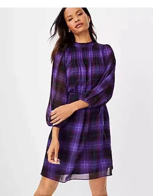 Ann Taylor Petite Plaid Pintucked Belted Dres