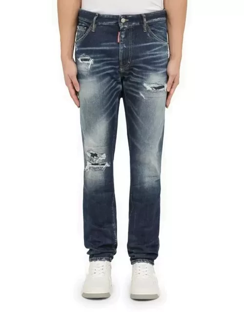 Regular blue washed denim jeans with wear
