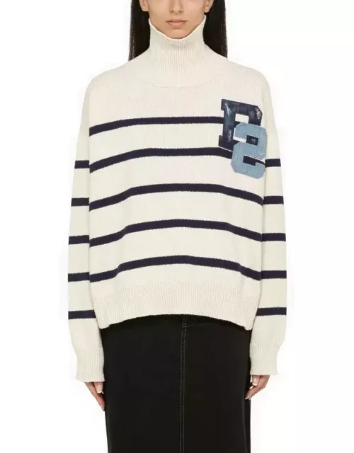 Blue/white striped turtleneck sweater with logo