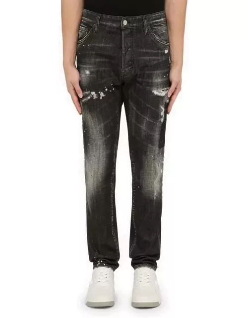 Black washed denim regular jeans with wear