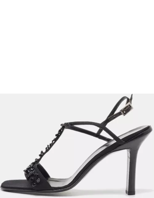 Gucci Black Satin Crystal Embellished Ankle Strap Sandal