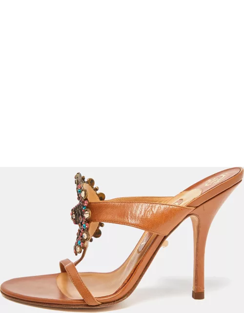 Gina Tan Leather Crystal Embellished Slide Sandal