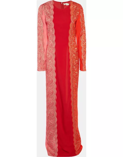 Stella McCartney Red & Pink Embroidered Paneled Crepe Maxi Dress