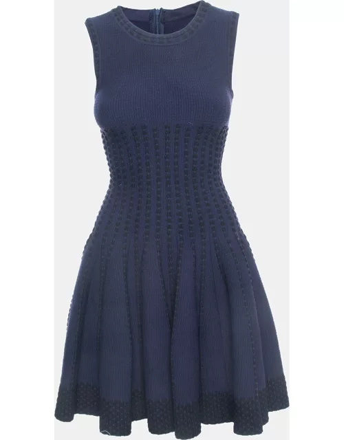 Alaia Navy Blue Wool Blend Sleeveless Skater Mini Dress