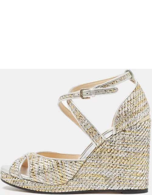 Jimmy Choo Multicolor Leather and Woven Wedge Ankle Strap Sandal