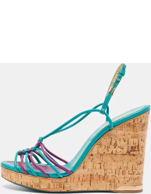 Salvatore Ferragamo Blue/Purple Strappy Slingback Cork Wedge Platform Sandal