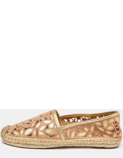 Tory Burch Beige/Gold Lace and Leather Espadrille Flat