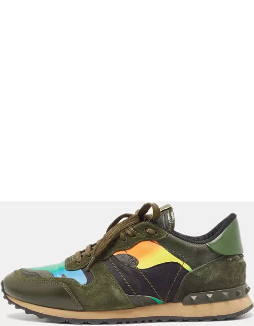 Valentino Multicolor Camo Print Leather and Suede Rockrunner Sneaker