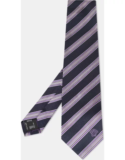 Versace Navy Blue Diagonal Striped Silk Tie
