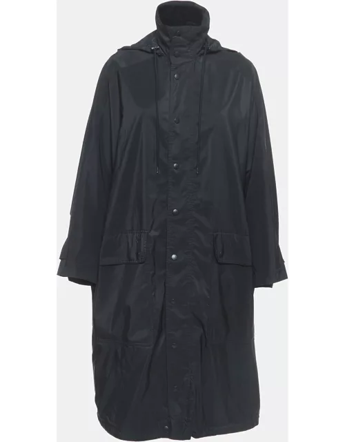 Balenciaga Black Logo Print Synthetic Button Front Long Hooded Coat