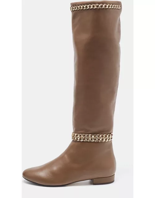 Le Silla Brown Leather Chain Detail Knee Length Boot