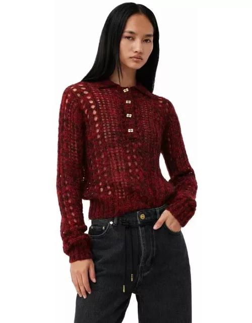 GANNI Red Mohair Lace Polo Sweater in Racing Red