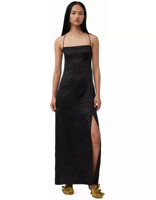 GANNI Crinkled Satin Midi Slip Dress in Black