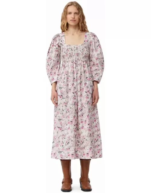 GANNI 3/4 Sleeve Printed Cotton Open-neck Smock Long Dress in Orchid Smoke