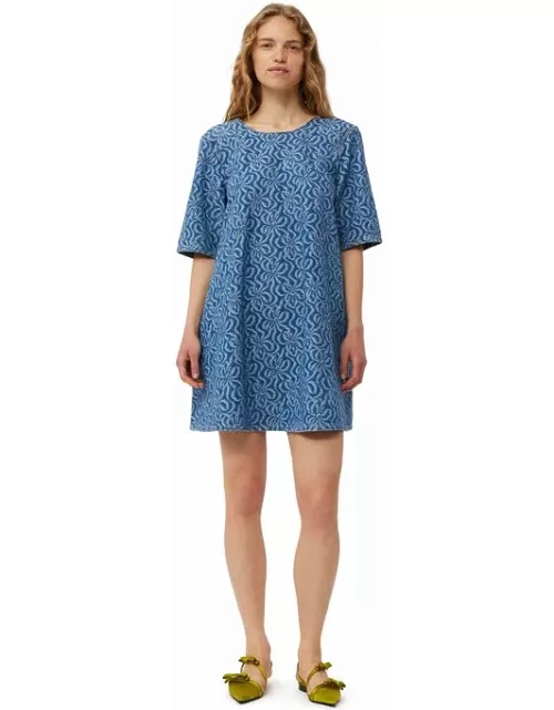 GANNI Blue Jacquard Denim A-line Mini Dress in Mid Blue Stone