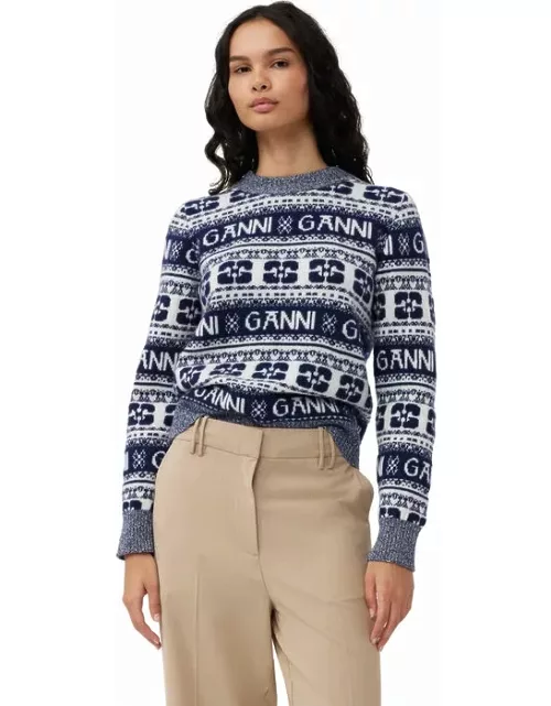 GANNI Blue Logo Wool Mix O-neck Pullover in Navy
