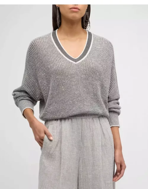 V-Neck Linen Paillette Knit Varsity Sweater