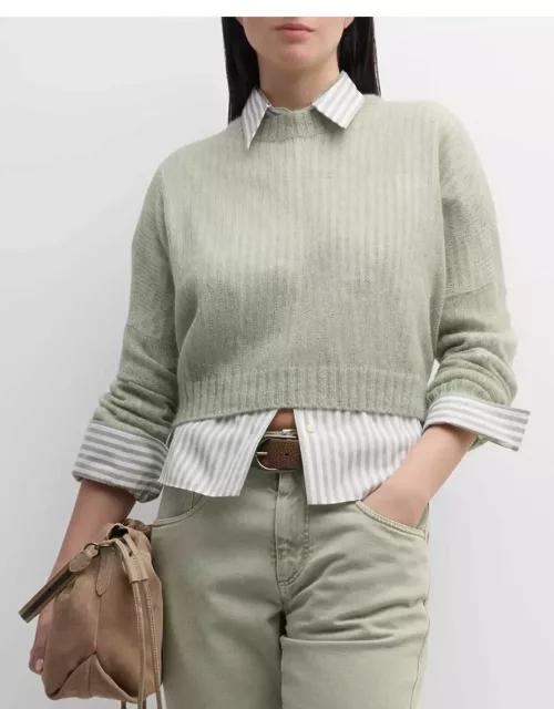 Airy Mohair Wool Long-Sleeve Crewneck Crop Sweater