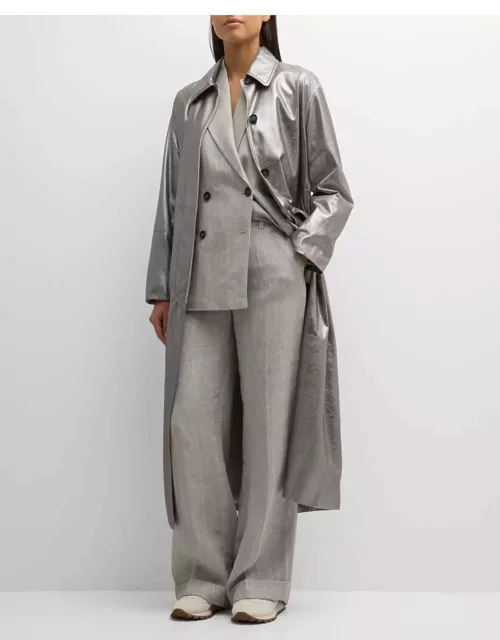 Metallic Leather Belted Long Trench Coat