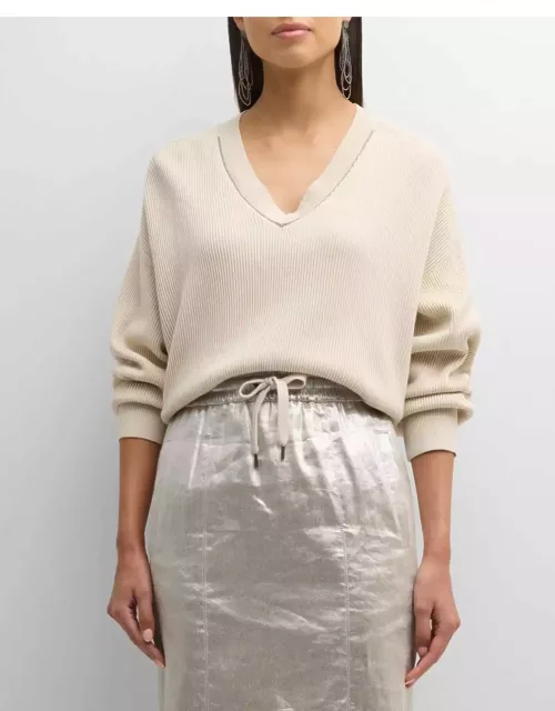 Monili-Trim V-Neck Cotton Rib Sweater