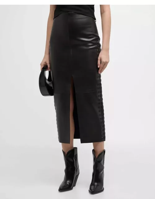 Akine Embroidered Leather Midi Skirt