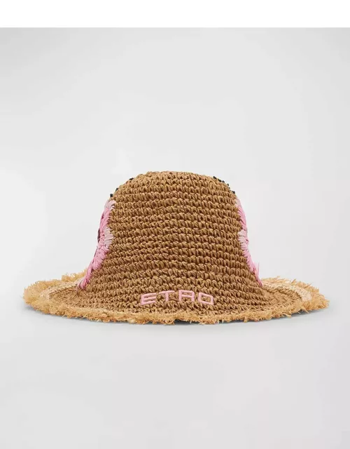 Floral Embroidered Logo Paper Straw Bucket Hat
