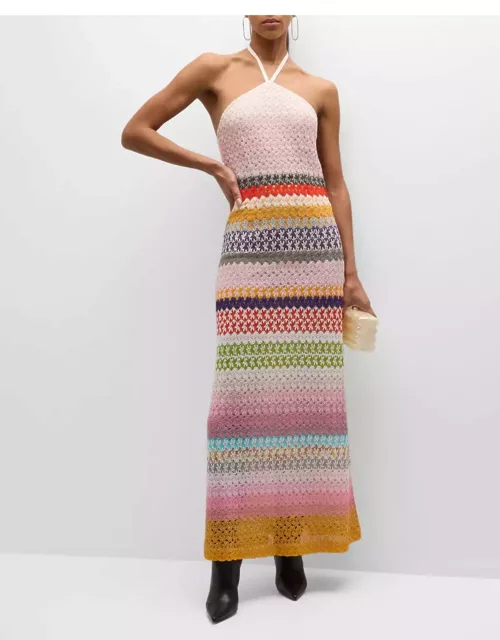 Multicolor Open-Knit Halter Maxi Dres