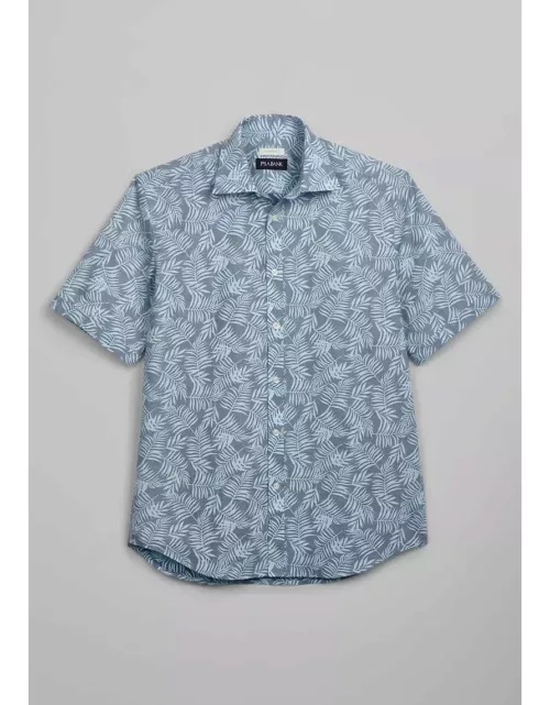 JoS. A. Bank Men's Tailored Fit Spread Collar Vintage Fern Short Sleeve Casual Shirt, Navy/Teal, X Large